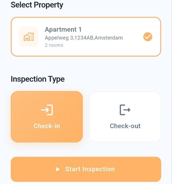 RentSpec app screenshot: nieuwe inspectie aanmaken met check-in en check-out opties