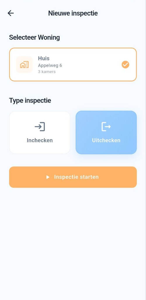 RentSpec nieuwe inspectie aanmaken met check-in en check-out selectie
