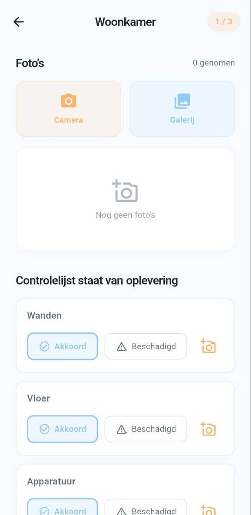 RentSpec kamer inspectie met muren, vloer en apparatuur checklist
