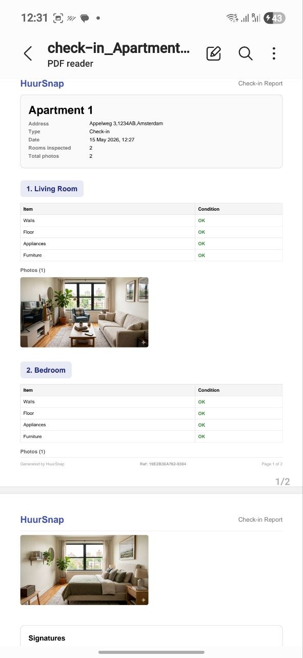 RentSpec PDF rapport pagina 1: woninggegevens en kamerbeoordeling