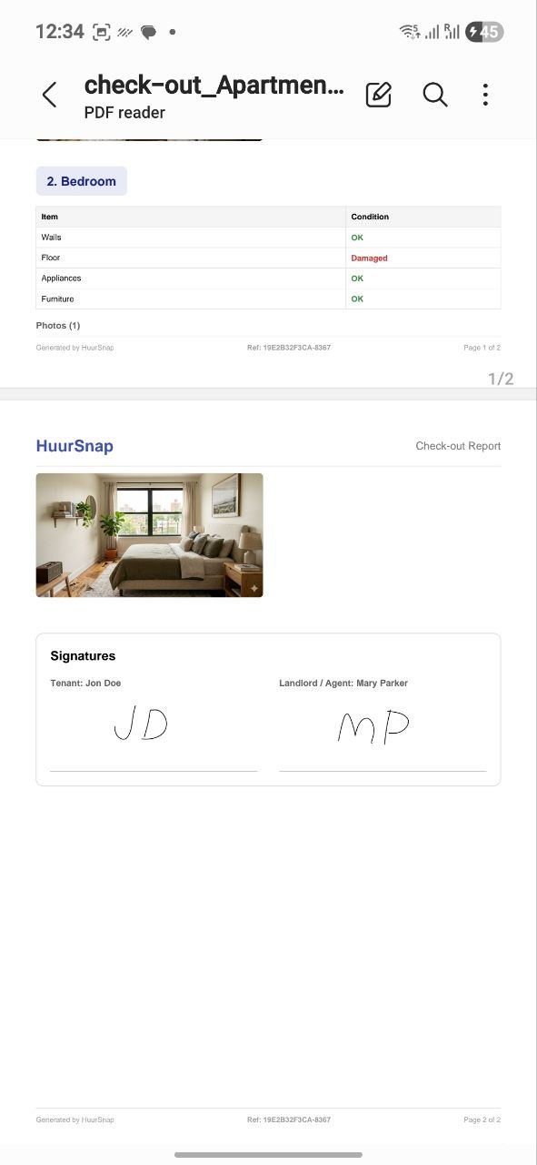 RentSpec check-out PDF rapport: handtekeningen en eindconclusie