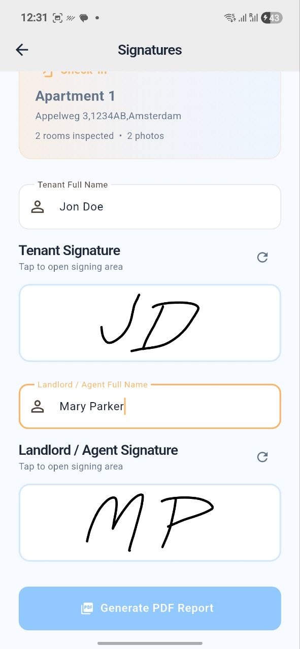 RentSpec digitale handtekening pagina: verhuurder en huurder tekenen op het apparaat